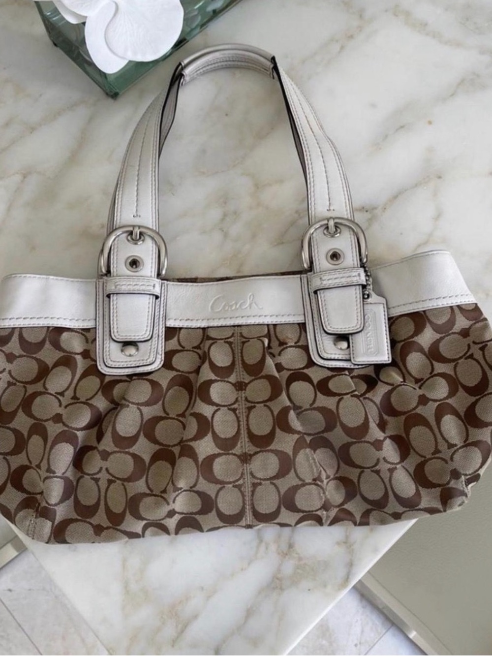 Coach Brown Signature Canvas Shoulder Bag with White Trim